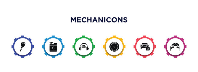 Sticker - mechanicons filled icons with infographic template. glyph icons such as car key, water tank for vehicles, car and headphones, car wheel, and padlock, on an elevator vector.