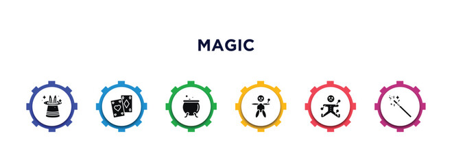 Wall Mural - magic filled icons with infographic template. glyph icons such as magic trick, playing cards, cauldron, voodoo doll, voodoo, wand vector.