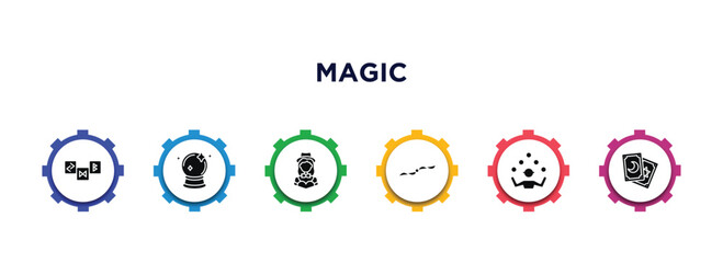 Wall Mural - magic filled icons with infographic template. glyph icons such as runes, crystal ball, magic assistant, handkerchief, juggler, tarot vector.