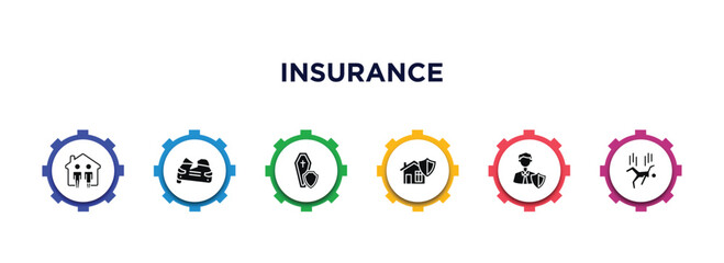 Sticker - insurance filled icons with infographic template. glyph icons such as family house, total loss, coffin, house insurance, insurance agent, falling vector.