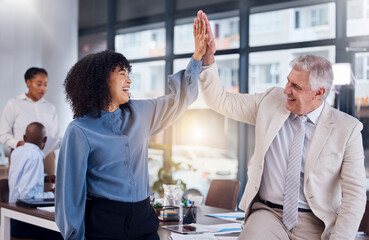 Poster - Business people, high five and celebration for success, collaboration or teamwork at the office. Happy black woman touching hand of senior man CEO celebrating team strategy, management or leadership