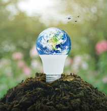 Earth Globe Inside Led Light Bulb On Soil Over Blur Pink Flower In Garden, Ecology Saving Power And Energy Concept, Elements Of This Image Furnished By NASA