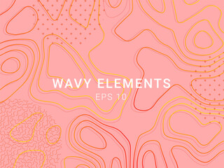 Poster - Wavy elements, pink liquid topography pattern. Coral memphis relief website banner background or landscape, fluid geometric style backdrop, poster or card. Vector minimal elements