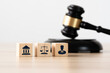 © Deemerwha studio - icon of a Law lawyer, court, and judge on a wooden block and gavel on a table for a Labor law of firm for Justice and law concept.