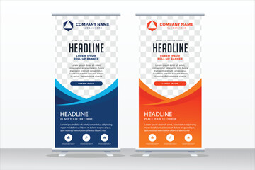 Banner roll-up design, business concept. Graphic template roll-up for exhibitions, banner for seminar, layout for placement of photos. Universal stand for conference, promo banner vector background