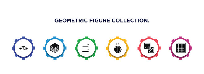 Poster - geometric figure collection. filled icons with infographic template. glyph icons such as triple triangle, side to side of a cube, right alignment, mirror horizontally, exclude, grids vector.