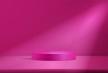 Poster - 3d pink red podium, room with round platform and spotlight. Display studio for product award and presentation, empty scene in perspective. Bright minimal showcase. Vector realistic background