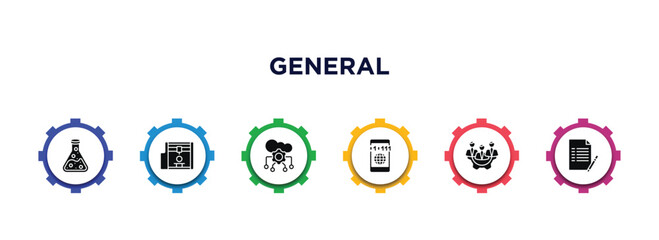 Poster - general filled icons with infographic template. glyph icons such as chemical lab, 3d printing, cloud service, information technology, hr policies, copywriting vector.
