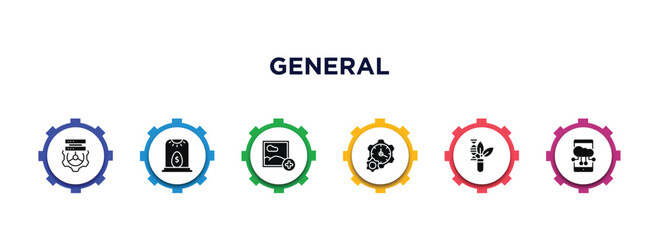 Poster - general filled icons with infographic template. glyph icons such as data engineering, business incubator, add photos, build time, biotechnology, edge computing vector.