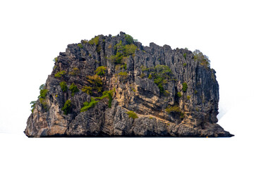 Mountain trees on beautiful sea islands and isolated stones on PNG background