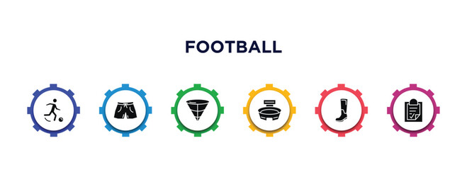 Wall Mural - football filled icons with infographic template. glyph icons such as soccer player, shorts, cone, stadium, boots, plan vector.