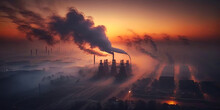 Industrial Metallurgical Plant Dawn. Smoke, Smog Emissions - Generative AI
