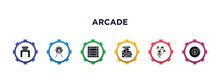 Arcade Filled Icons With Infographic Template. Glyph Icons Such As Zoo, Carousel, Board Games, Mall, Voice Acting, Eight Ball Vector.