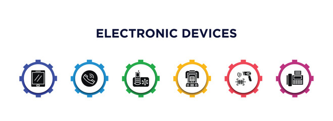 Poster - electronic devices filled icons with infographic template. glyph icons such as tablet, telephone, answering hine, heater, barcode scanner, fax vector.