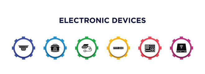 Poster - electronic devices filled icons with infographic template. glyph icons such as smoke detector, crock-pot, electric blanket, video recorder, motherboard, drive vector.