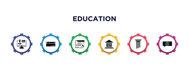 Poster - education filled icons with infographic template. glyph icons such as online class, closed envelope, sealed diploma, bank, greek pillar, unknown topic vector.