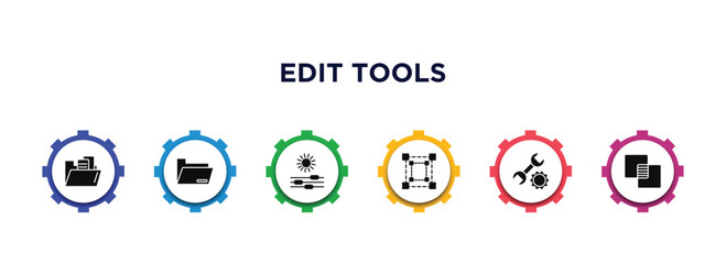 Poster - edit tools filled icons with infographic template. glyph icons such as file folder, folders, lightness, free transform, repair tool, opacity vector.