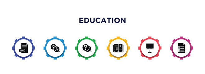 Aufkleber - education filled icons with infographic template. glyph icons such as pdf, translation, question, book, board, test vector.