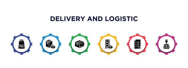 Poster - delivery and logistic filled icons with infographic template. glyph icons such as duty free, boxes, packages, on door delivery, delivery list, courier vector.