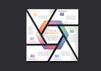 Poster - rectangular infographic that is divided into 6 steps with a hexagon inner center on a dark gray back