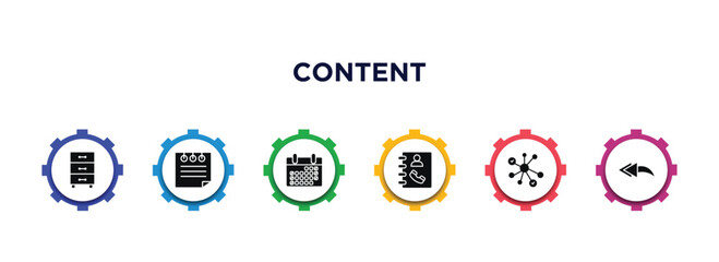 Poster - content filled icons with infographic template. glyph icons such as drawer, note, weekend, phone book, nodes, reply all vector.