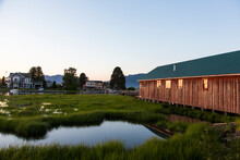 Barn, Houses And Wetland, Skagit Valley, Washington State, USA