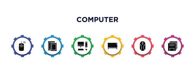 Poster - computer filled icons with infographic template. glyph icons such as computer mouse device, responsive de, pc with monitor, tv screen, mouse device, save file vector.