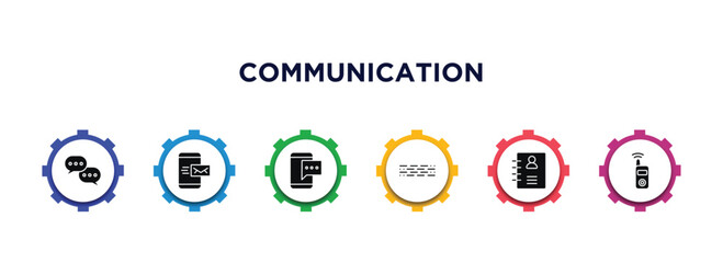 Poster - communication filled icons with infographic template. glyph icons such as chatting, mobile with envelope, mobile chat, morse code, contacts, transmitter vector.