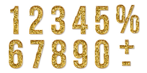 Wall Mural - Golden numbers from zero to nine set on white background. Gold zero,one, two, three, four, five, six, seven, eight, nine, plus, minus and percent signs vector design for date or anniversary