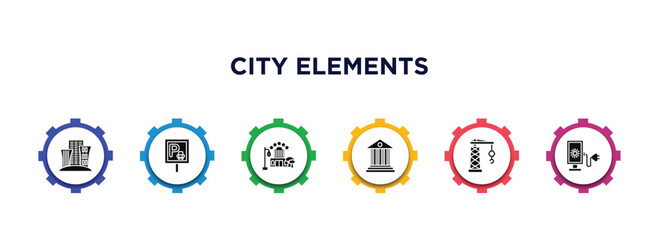 Poster - city elements filled icons with infographic template. glyph icons such as skyscrapper, parking, motel, government buildings, tower crane, lightbox vector.