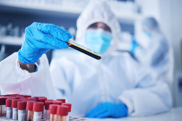 Poster - Science, test tube or doctor in laboratory with blood DNA for research, medical exam and sample analysis. Healthcare, biotechnology or scientist for medicine results study or vaccine report with PPE
