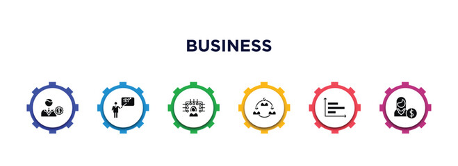 Aufkleber - business filled icons with infographic template. glyph icons such as man with money gears, man presentation, multitasking woman, work parteners, horizontal bar chart, woman with money vector.