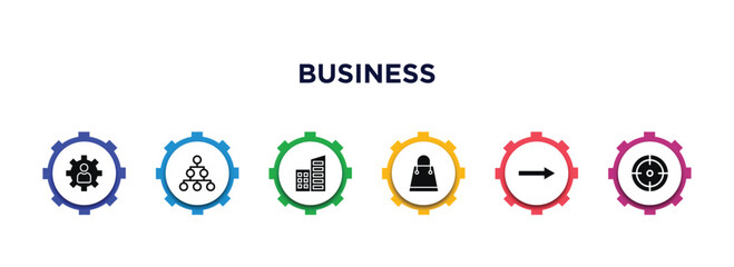 Poster - business filled icons with infographic template. glyph icons such as expert, hierarchical order, corporation, shopping bags, graphic arrow, target vector.