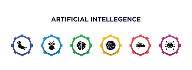 Poster - artificial intellegence filled icons with infographic template. glyph icons such as mobile flexible display, robot assistant, deformity, ball, hyperloop, unsupervised learning vector.