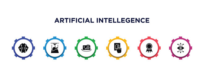 Poster - artificial intellegence filled icons with infographic template. glyph icons such as future brain, organ printing, ar camera, biometrics, recognition, bionic eye vector.