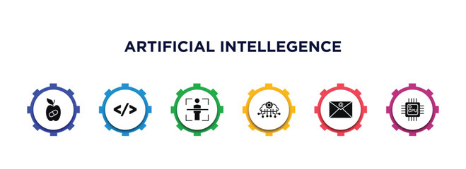 Poster - artificial intellegence filled icons with infographic template. glyph icons such as synthetic food, code, body scan, cloud intelligence, mail, cpu vector.