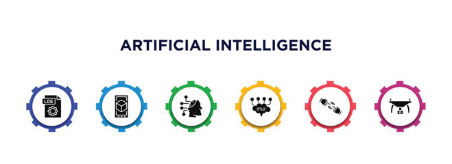 Poster - artificial intelligence filled icons with infographic template. glyph icons such as log file, ar, availability, chat, finger control, drone vector.