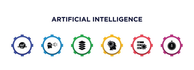 Poster - artificial intelligence filled icons with infographic template. glyph icons such as 360 degrees, view, layers, teaching, efficiency, velocity vector.