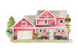Watercolor illustration of red wooden american house and lawn, isolated illustration on white background