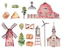 Set Of Watercolor Red Wooden Barn, Mill, Rustic Church And Garden Elements, Isolated Illustration On White Background