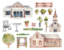 Set Of Watercolor Wooden Farmhouses, Rustic Church And Garden Elements, Isolated Illustration On White Background
