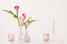 Pink Calla Lily In Vase  And Burning Candles On White Background