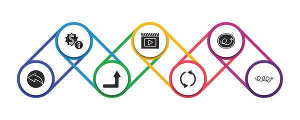 Poster - user interface filled icons with infographic template. glyph icons such as improve incomes, movie play button, right loop arrow, back arrow, right up arrow, looping arrows, with scribble vector.