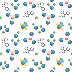 Seamless pattern of graphic elements on the science theme (medicine, biology, chemistry, physics), molecules and chemical compounds, science icons on white background