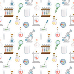 Seamless pattern of graphic elements on the science theme (medicine, biology, chemistry, physics), science icons on white background