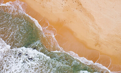 Aerial view of the ocean coast and sandy sea beach. Beautiful water background texture for tourism and advertising. Tropical coast