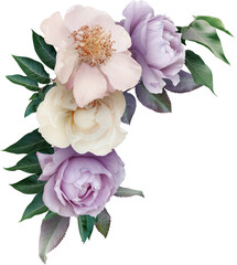 Wall Mural - Bouquet of soft lilac roses and peony isolated on a transparent background. Png file.  Corner floral arrangement. . Can be used for invitations, greeting, wedding card.