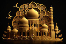 Isolated, Golden Mosque With Crescent Golden Moon On Black Background, Ramadan Kareem, Generative Ai
