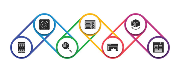Poster - technology filled icons with infographic template. glyph icons such as mentions, semantic elements, virtual box, native apps, search engine marketing, website optimization, user interface vector.