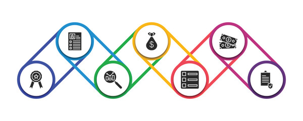 Poster - strategy filled icons with infographic template. glyph icons such as resume, money bag, money, award, analysis, list, policy vector.